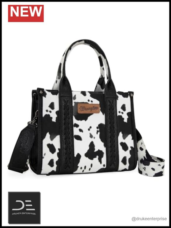Handbags - Western Cow Print Tote Bag with Faux Leather Whipstitch Accents